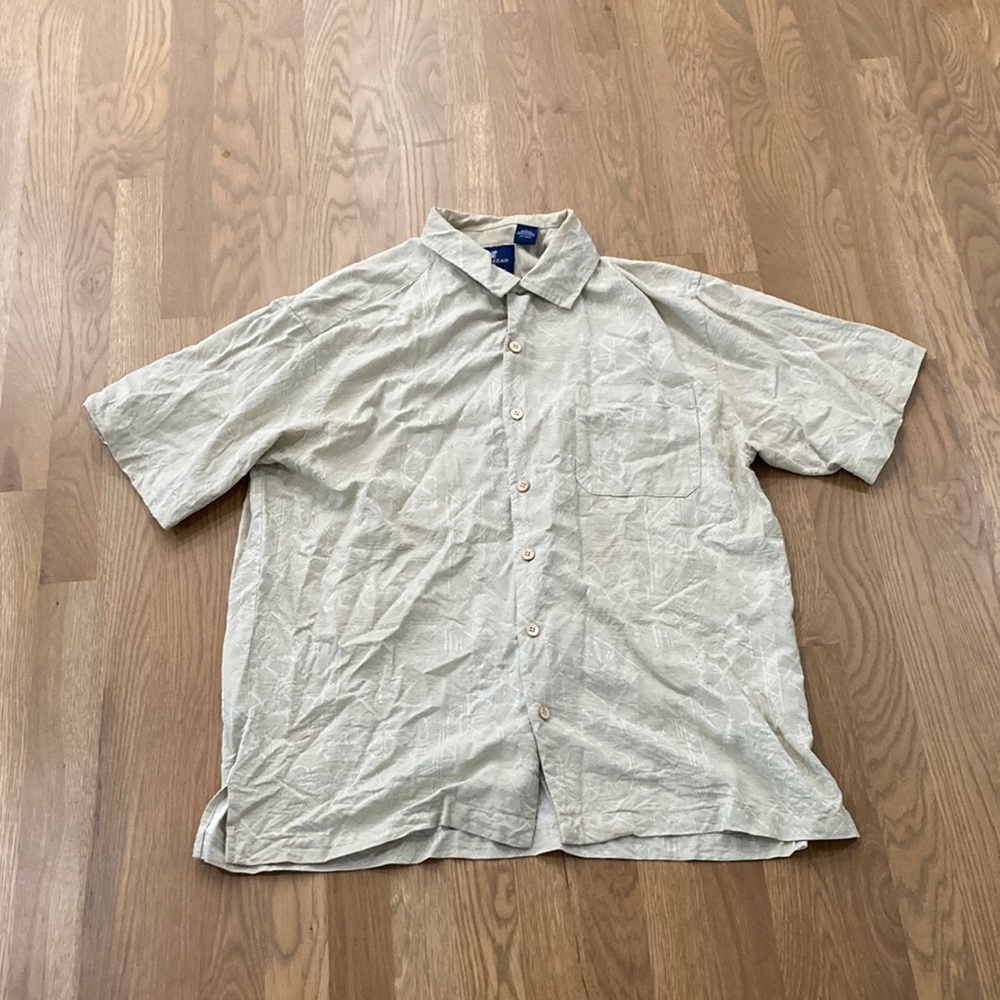 Caribbean Joe Tan Hawaiian Tropical 100% Silk Button Down Short Sleeve Shirt Top